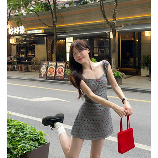 【JMWOMEN】Pure Desire Hot Girl Retro Chấm Bi Eo Nẹp Áo Vest Không Tay Váy Chữ A