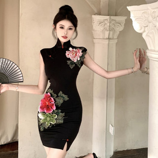 Đảng Pháp Váy đen cổ điển dành cho nữ Slim-fit eo hẹp Thiết kế cao cấp Handmade Ba chiều thêu hoa mẫu đơn cổ tròn không tay @