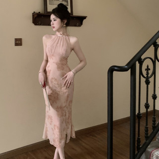 Thời trang cổ điển kiểu Pháp Váy dài dây màu hồng gợi cảm dành cho nữ Slim-fit eo hẹp không tay hở vai in hình giữa @ -