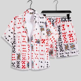Mùa Hè Mới Đường Phố Mỹ Hip Hop Sáng Tạo Thẻ Poker Áo Sơ Mi Tay Ngắn Quần Short Thẳng Cho Nam Nữ Hợp Thời Trang Thoáng Khí Thoải Mái Rời Thường Ngày Hai Bộ