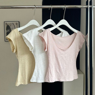 Honey-Honey  Áo thun Cổ chữ U Phong cách Hàn Quốc Ôm Body Dáng Croptop Basic