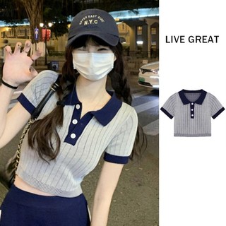 Live GREA Dệt Kim Áo Sơ Mi POLO Nữ Mùa Hè Mỹ Tác Động Màu Sắc Áo Thun Ngắn Tay Áo Len Thiết Kế Mới Ngọt Ngào cay Cô Gái Sang Trọng Áo Ngắn Cô Gái