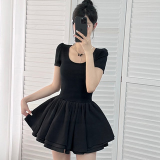 Phiên bản Hàn Quốc Thời trang giản dị Váy đen gợi cảm dành cho nữ Slim-fit Cổ tròn eo hẹp tay ngắn A @