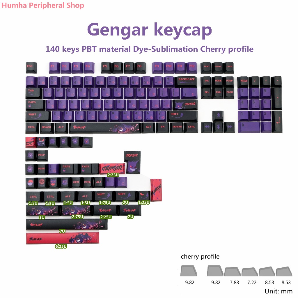 Humha Gengar keycap 140 phím Chất liệu PBT Nhuộm-Sublimation Cherry profile Bàn phím cơ Keycap Cá tí
