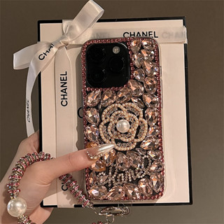 Vỏ hoa trà kim cương hồng Bling cho iPhone 11 12 13 14 15 16 Pro Max XR X XS 7 Plus Ngọc trai lấp lánh sang trọng Dây kim loại Ốp điện thoại TPU cao cấp