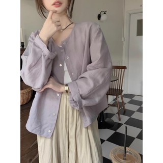 Phong Cách Hàn Quốc Nữ Nữ Rời Đơn Giản Áo Sơ Mi Dài Tay Áo Baju Baju Wanita Lengan Panjang