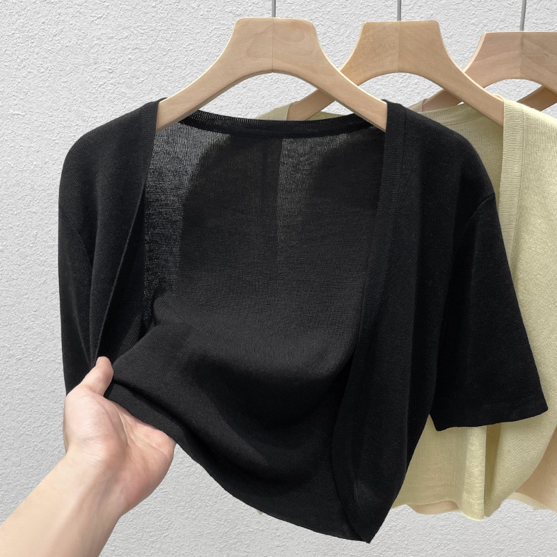 YAYUAN Áo len ngắn tay Cardigan nữ màu đen | BigBuy360 - bigbuy360.vn