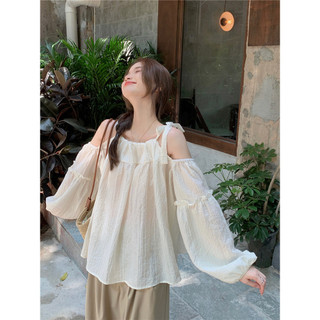 Áo hai dây lệch vai cho nữ phiên bản Hàn Quốc ngọt ngào và rộng rãi phù hợp áo sơ mi tay đèn lồng