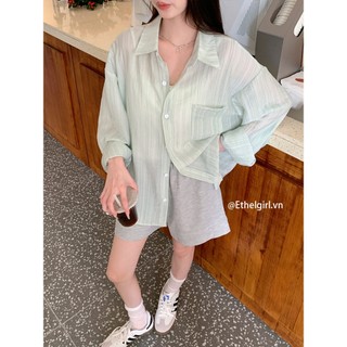 Ethelgirl Áo sơ mi chống nắng dài tay sọc thời trang Hàn Quốc Quần áo nữ dáng rộng cổ POLO
