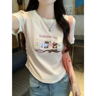 Áo thun ngắn tay thêu màu sắc chú chó con phù hợp cho nữ mùa hè thon gọn và bộ sưu tập eo thon gọn áo ngắn