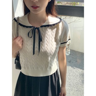 QKOOLE Mùa Hè Búp Bê Cổ Ngọt Ngào Nữ Ice Silk Tay Ngắn Dệt Kim Mỏng Và Giảm Tuổi Áo Thun Ngắn