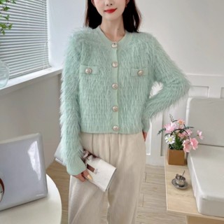 NZN Mùa Thu Mới Crop Áo Len Giả Chồn Tóc Cổ Ôm Dài Tay Dệt Kim Áo Khoác Cardigan Nữ