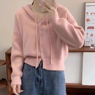 NZN Áo len ngắn có mũ trùm đầu cổ chữ V mới mùa thu Hàn Quốc dành cho nữ
