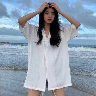 Áo Sơ Mi Nữ Phiên Bản Hàn Quốc Thiết Kế Thời Trang Màu Trơn Ve Áo Rời Áo Sơ Mi Tay Ngắn Đa Năng