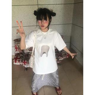 ROEMO áo thun local brand nữ form rộng tay ngắn cổ tròn độc đáo răng in hinh áo phông-J0167