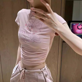 Áo thun ngắn tay cổ cao nửa cổ nóng bỏng phong cách cô gái xếp ly eo hẹp thiết kế áo ngắn
