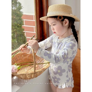 Bộ đồ bơi 2 mảnh cho bé gái tập đi Bộ đồ bơi cổ tròn in hoa Zip Bộ đồ bơi dài tay phía trước + Mũ bơi 3D Bộ đồ tắm