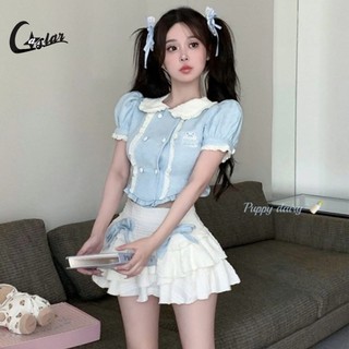 Caslar Bộ đồ JK phong cách đại học, trang phục mùa hè ngọt ngào, bộ đồ hai mảnh váy ngắn