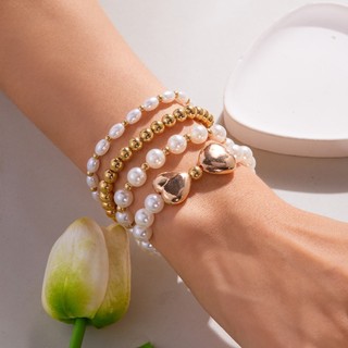 4 Cái / bộ Thời Trang Retro Trái Tim Ngọc Trai Bộ Vòng Tay Tình Yêu Dành Cho Nữ Vintage Trang Sức Quà Tặng