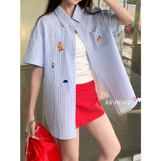 Ethelgirl Quần áo nữ Hàn Quốc Thời trang Hoạt hình Áo sơ mi ca rô dáng rộng tay ngắn