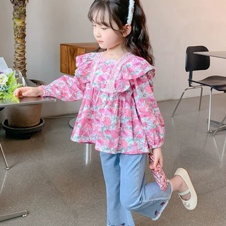 WOMA đồ bộ bé gái Áo sơ mi bé gái Áo sơ mi trẻ em thời trang Quần áo mùa xuân dài tay + Quần jean thêu