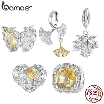 Bamoer 925 Sterling Sliver Charm Lá bạch quả Mặt dây chuyền Phụ kiện mùa thu Series cho vòng tay