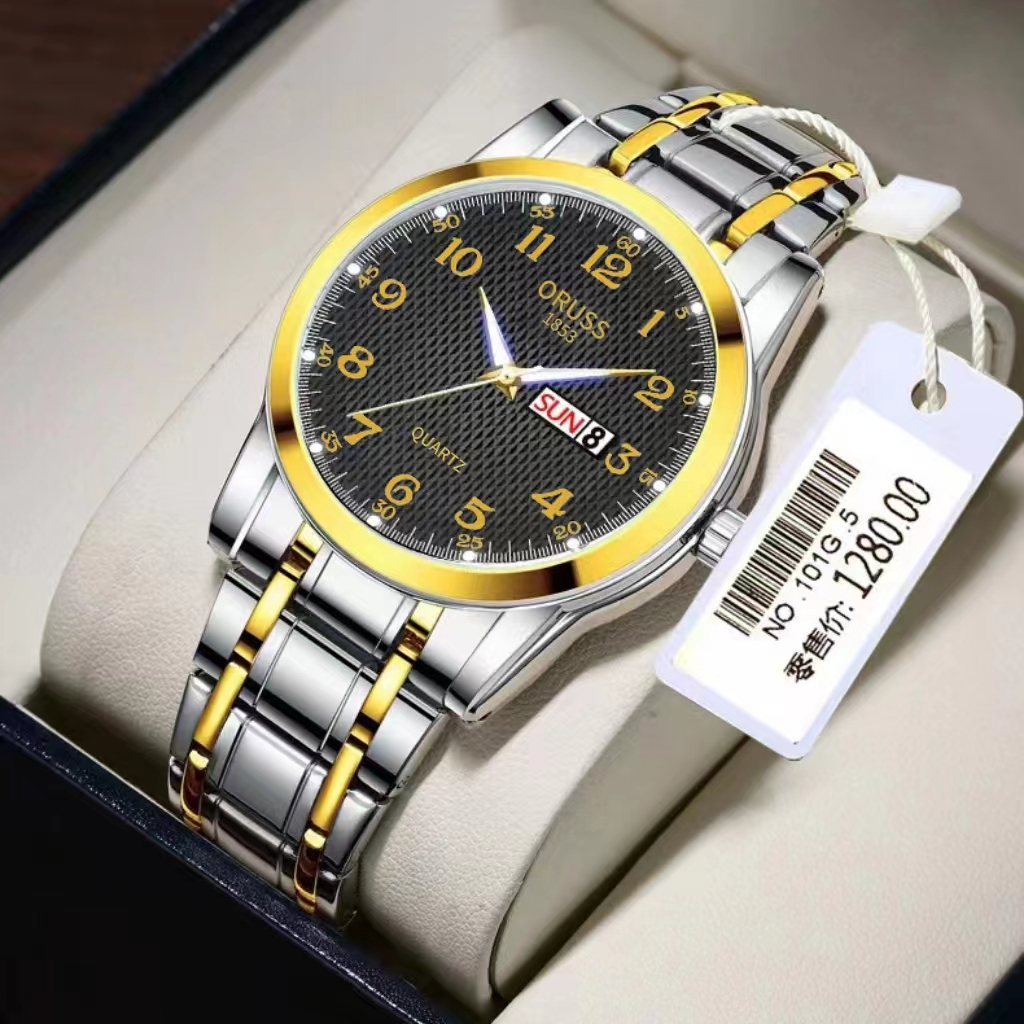 Đồng hồ nam phát sáng bằng thép không gỉ chính hãng Oruss Đồng hồ nam phát sáng chống nước màu vàng 
