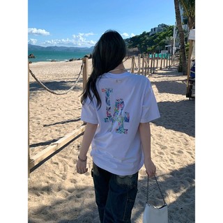 ROEMO trắng áo thun local brand nữ form rộng cổ tròn MLB áo phông-J0168
