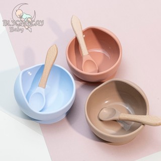 2 chiếc silicon bát cho bé thìa đáy hút và tay cầm bằng gỗ thìa bpa free