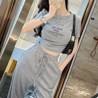 Abde Thời Trang Giảm Tuổi Thể Thao Thường Ngày Phù Hợp Với Nữ Mùa Hè 2024 Phong Cách Mới Rời Tay Ngắn Màu Trơn Phổ Biến Quần Ống Rộng Hai @ -