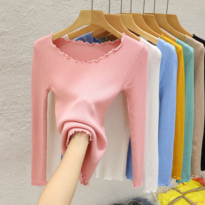 YAYUAN Dài Tay Dệt Kim Nữ Thu Đông Phong Cách Mới Nấm Cạnh Tất Cả Trận Đấu Cổ Tròn Đáy Áo Sơ Mi Bên 