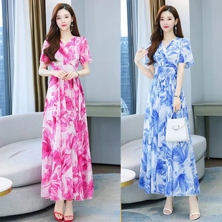 Hoa Thời Trang Mùa Hè Nữ Đầm Maxi Cổ Chữ V Dài Áo Sơ Mi Hoa Đầm Nhân Quả Bé Gái Tay Ngắn Chữ A Áo Sơ Mi Đầm Thắt Lưng #514