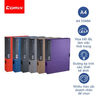 Hộp đựng tài liệu comix pp, màu đá đẹp, khổ a4, gáy 55 mm, chất liệu polypropylen bền, thiết kế thời trang, nhiều không gian lưu trữ, khóa bấm, dễ dàng sắp xếp tài liệu, thích hợp sử dụng trong văn phòng, trường học và gia đình.