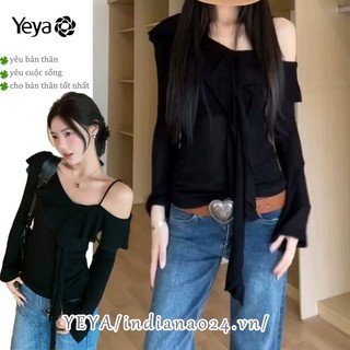 Áo thun nữ một dây đeo vai dài tay YEYA Spice Girl xù dài tay lệch vai màu trơn vừa vặn áo thun dài tay mỏng