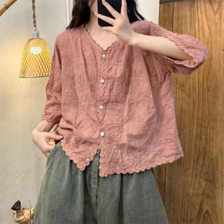 Phong Cách Hàn Quốc Nữ Nữ Rời Vintage Thêu Hoa Cổ Chữ V Áo Sơ Mi Tay Dài Áo Baju Baju Wanita Lengan Panjang