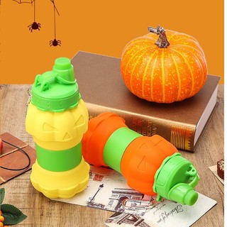 Halloween Bí Ngô Bình Nước Di Động Có Thể Gập Lại Thể Thao Nước Cho Trẻ Em Silicone 550 mL Bình Nước