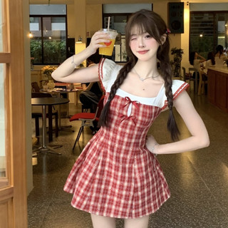 Đầm kẻ sọc đỏ thời trang giản dị kiểu Pháp dành cho nữ Slim-fit eo hẹp tương phản khâu cổ tròn không tay chữ A-