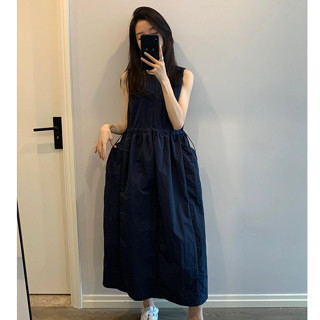 Phiên bản Hàn Quốc Thiết kế thời trang thông thường Áo Vest eo hẹp Váy dài xếp ly nữ dáng rộng cổ tròn dài vừa phải không tay A @