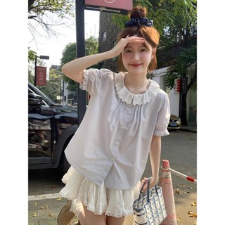 NZN Mùa hè Phong cách mới Phiên bản Hàn Quốc Thời trang Retro tay phồng màu xanh Áo sơ mi ngắn tay ngắn tay