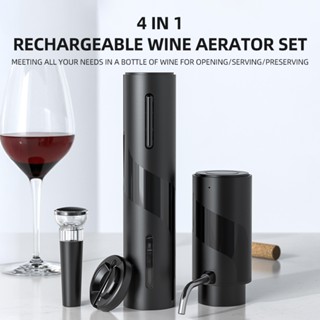 Dụng cụ mở rượu điện Bộ 4 trong 1 có dụng cụ mở chai, Bình đựng rượu có máy sục khí, Máy cắt lá và Nút chặn rượu chân không USB Phụ kiện rượu vang tự động không dây có thể sạc lại