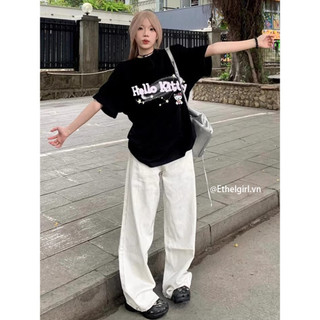 Ethelgirl Áo thun nữ dáng rộng "Hello Kitty" in hình cổ tròn Unisex áo thun ngắn tay