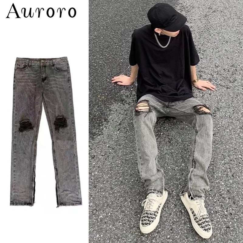 ̂̀n jean nam rách gối unisex hiphop Quần bò rách gối retro quần bò jean nam đen thời trang Quần hiph