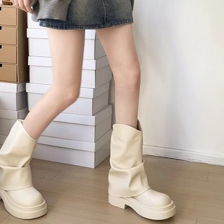 Giày bốt ngắn đế dày nữ 2024 Phong cách mới Tăng chiều cao 6CM Giày bốt ngắn màu đen / trắng / nâu Giày bốt Martin