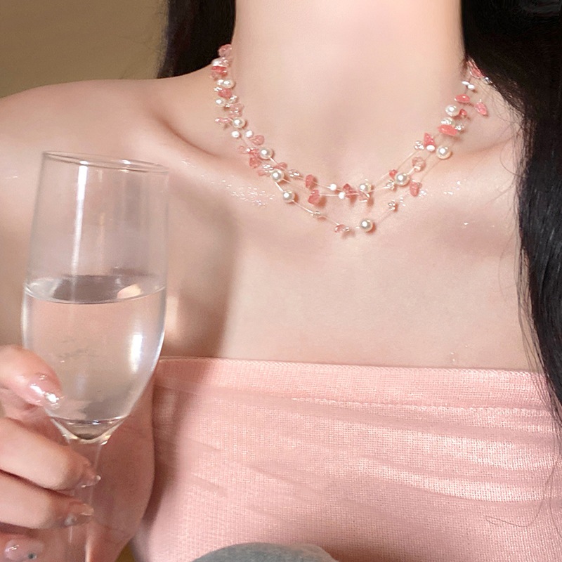 Hạt gạo dâu pha lê ngọc trai vòng cổ thiết kế ngọt ngào Hàn Quốc cảm giác xương đòn dây chuyền cô gái trái tim dễ thương mọi thứ vòng cổ bán buôn