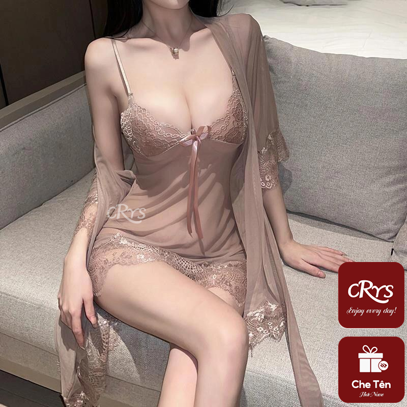 Set đồ ngủ sexy  nữ gồm váy và áo choàng kiểu đầm 2 dây xuyên thấu có quần lót khiêu gợi | BigBuy360 - bigbuy360.vn