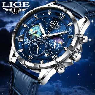 LIGE 89107 Đồng Hồ Nam Chính Hãng Thạch Anh Bầu Trời Đầy Sao Da Kinh Doanh Thể Thao Chống Thấm Nước Dạ Quang Đồng Hồ Đeo Tay Chronograph Ngày Tự Động Đồng Hồ