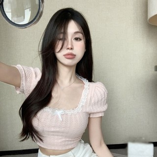 Áo Crop Top dệt kim cổ vuông ren nơ tay ngắn màu trơn phong cách Pháp Áo thun mỏng