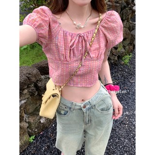 Ethelgirl Phong cách Hàn Quốc cổ vuông bong bóng áo thun ngắn tay quần áo nữ lệch vai thon gọn
