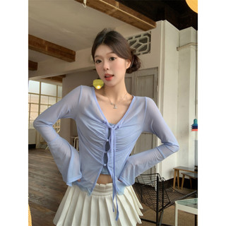 Porozi Dây đeo lưới áo sơ mi lưới tinh khiết mong muốn bộ hai mảnh chống nắng cổ chữ V áo ngắn