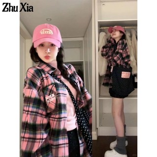 Áo sơ mi nữ Zhu Xia Áo sơ mi kẻ sọc màu hồng phong cách Hàn Quốc khí chất dáng rộng giản dị áo sơ mi mỏng